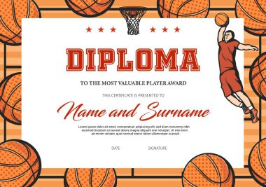 Basketbolun en değerli oyuncusunun sertifikası. Spor kulübü diploma vektör şablonu. Sınır tasarımı, toplar, basket ve üniformalı zıplayan oyuncu. Spor başarısı veya katılım çerçevesi