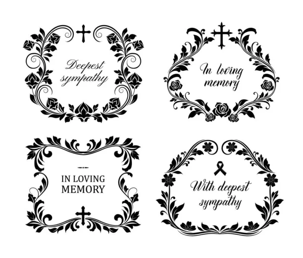 Funeral Frames Vector Vintage Obituary Floral Wreaths Condolence Typography Flourishes — Stock Vector