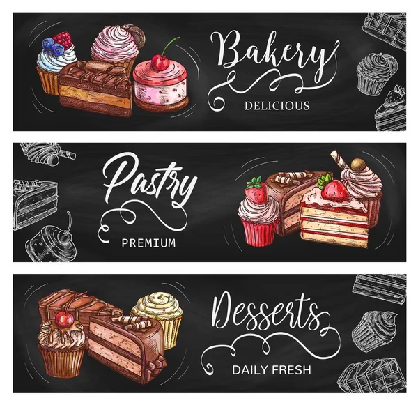 Bolos Cupcakes Vetorial Esboço Banners Quadro Padaria Sobremesas Doces Pastelaria — Vetor de Stock