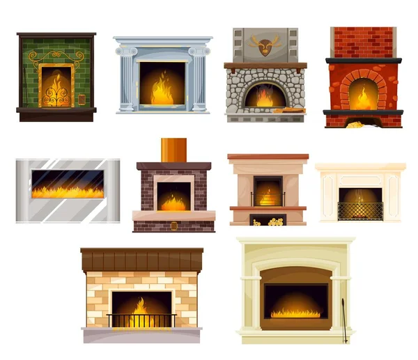 Домашні Каміни Вогнем Мультфільм Векторний Набір Дизайну Інтер Єру Спалювання — стоковий вектор