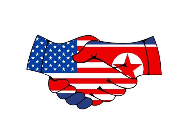 米国と北朝鮮のベクトル概念との政治的合意 アメリカ国旗と韓国国旗を両手で振る 良好な関係 経済協力協定及び友好国 — ストックベクタ