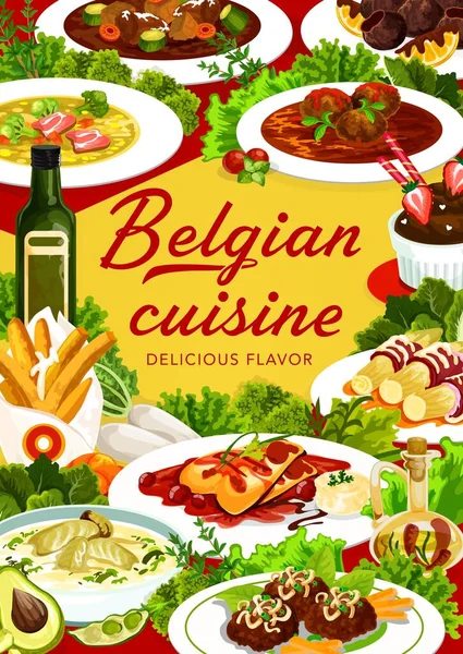 Βελγική Κουζίνα Τροφίμων Μενού Γεύματα Και Πιάτα Βέλγιο Εστιατόριο Δείπνο — Διανυσματικό Αρχείο