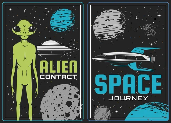 Retro Posters Met Buitenaardse Ufo Ruimteschip Vector Buitenaardse Komer Met — Stockvector