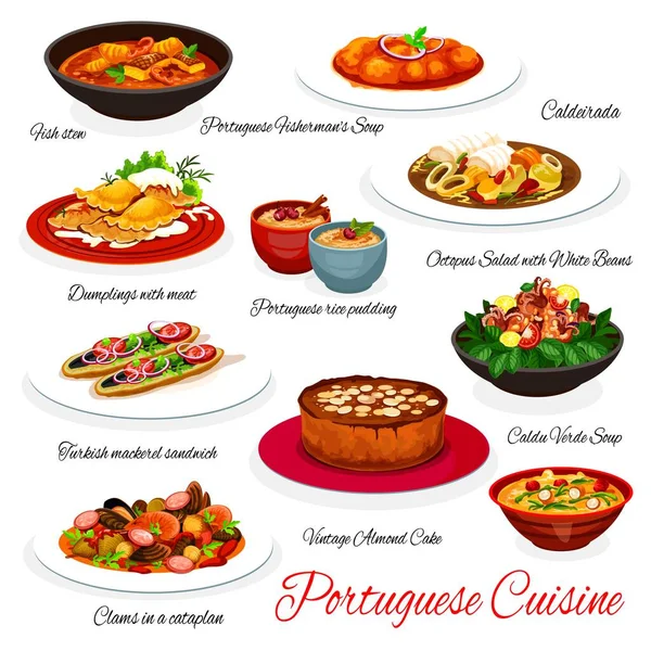 Cocina Portuguesa Mariscos Pescados Verduras Platos Vectores Con Postre Sopa — Vector de stock