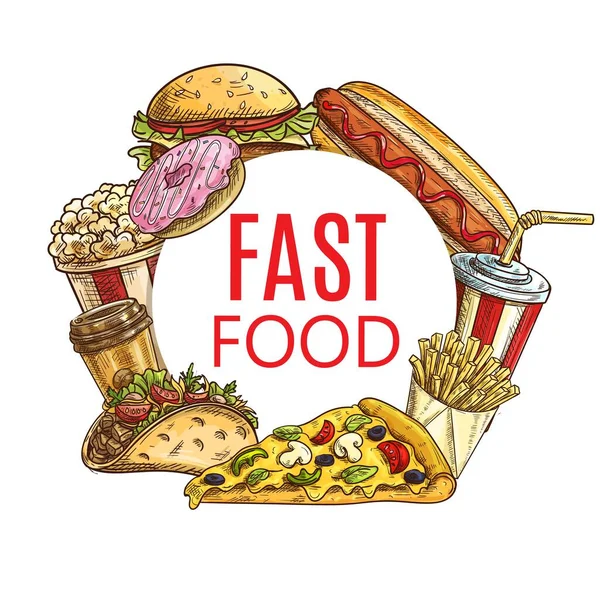 Fast Food Sketch Banner Vector Pipoca Hambúrguer Cachorro Quente Batatas — Vetor de Stock