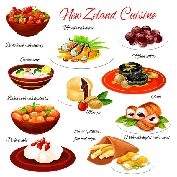 Frutos Mar Nova Zelândia Alimentos Carne Com Legumes Chutney Cordeiro — Vetor de Stock