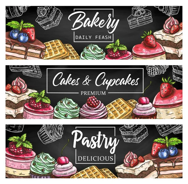 Bolos Cupcakes Vetorial Esboço Banners Doces Pastelaria Sobremesas Chalkboard Preto —  Vetores de Stock