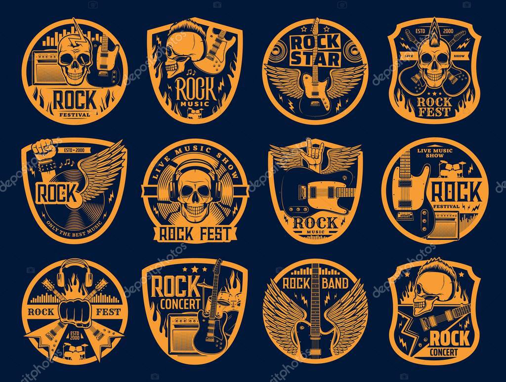 Hard rock music vector icons skull with mohawk, winged guitars and vinyl disk. Heavy metal band, concert or festival isolated emblems with fire and hardcore rock music symbols cranium, rocker fist