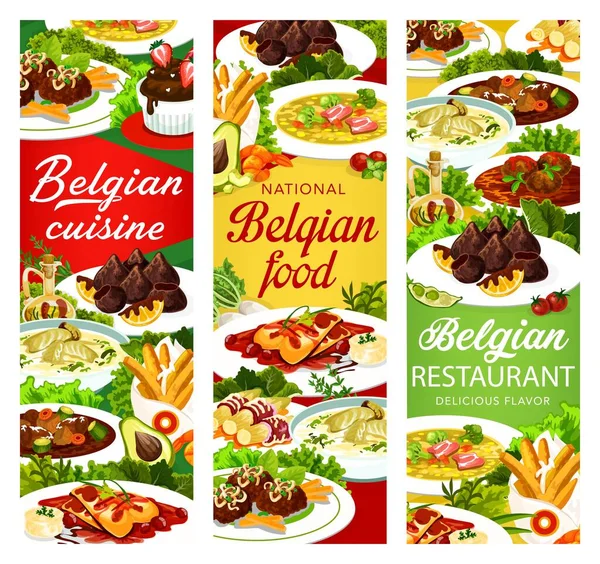 벨기에 벨기에 플래카드 전통적 감자튀김 사탕과 파이트 간메달리온과 베이컨 치커리 — 스톡 벡터