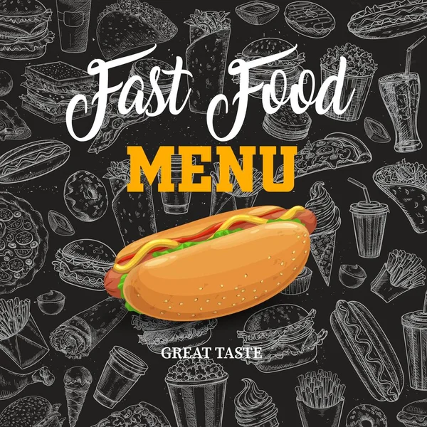 Plakat Fast Food Wektor Hot Dogiem Kreskówki Czarnym Tle Tablicy — Wektor stockowy