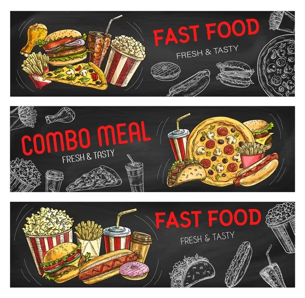 Fast Food Skizziert Burger Und Sandwiches Banner Pizza Hot Dogs — Stockvektor