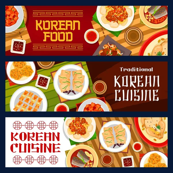 Cocina Coreana Platos Menú Comidas Corea Almuerzo Restaurante Vectorial Pancartas — Vector de stock