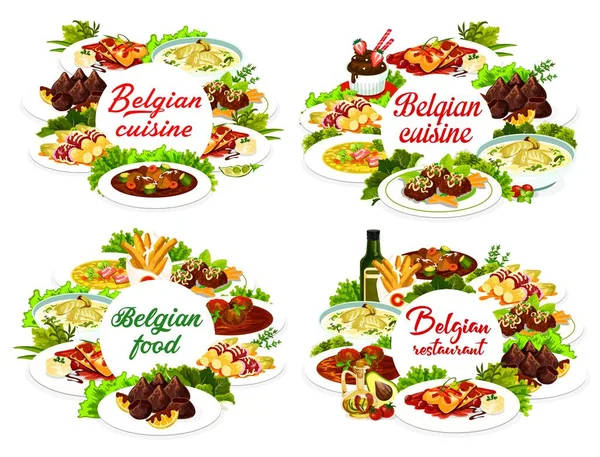 Cocina Comida Belga Platos Menú Comida Belga Vectorial Restaurante Almuerzo — Vector de stock