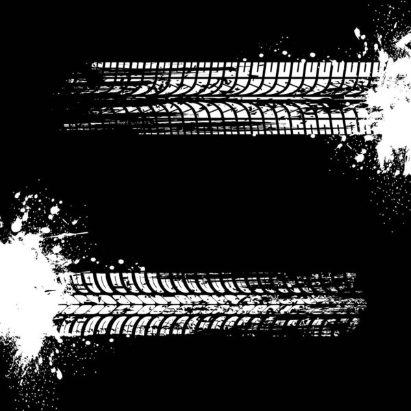 Tire prints, car tyre tracks isolated grunge vector marks. Offroad auto or bike race, monochrome brush stroke pattern, graphic texture, design elements, vehicle wheels trace with abstract dirty spots