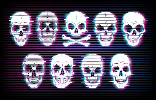 Glitch Schedels Vector Vervormde Neon Gloeiende Pixelized Craniums Vrolijke Roger — Stockvector