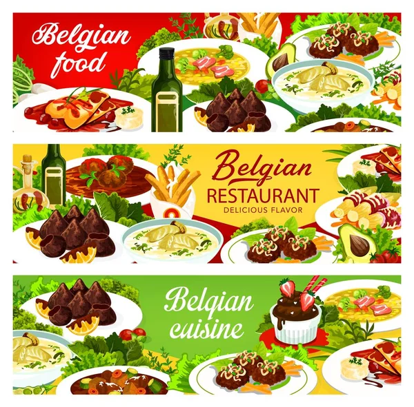 Belgische Gerechten Menu Gerechten Belgische Restaurant Banners Vector Traditionele Maaltijden — Stockvector