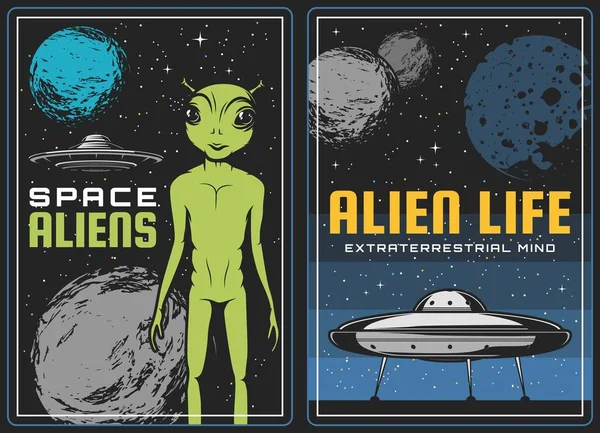 Affiches Rétro Avec Vaisseau Spatial Extraterrestre Ufo Dans Espace Vecteur — Image vectorielle