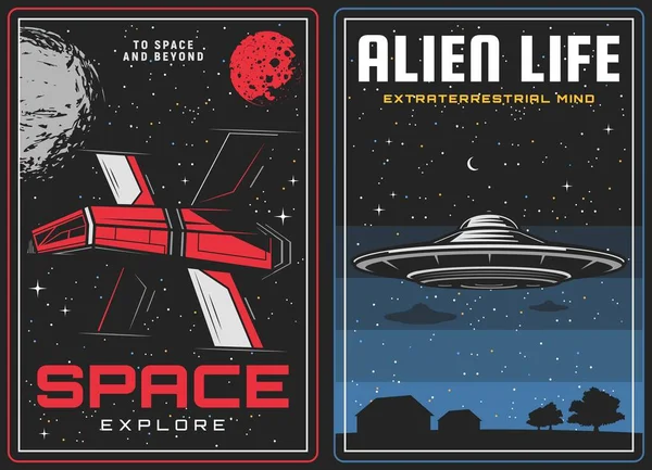 Exploração Espaço Exterior Vida Alienígena Visitar Banners Nave Espacial Futura — Vetor de Stock