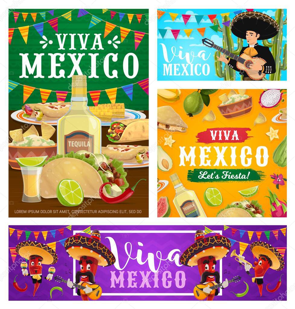 Viva Mexico vector banners with fiesta party food, drink and pepper musicians. Mexican mariachi characters with sombrero hats, maracas and guitar, red chilli, cactus and tequila, taco and guacamole