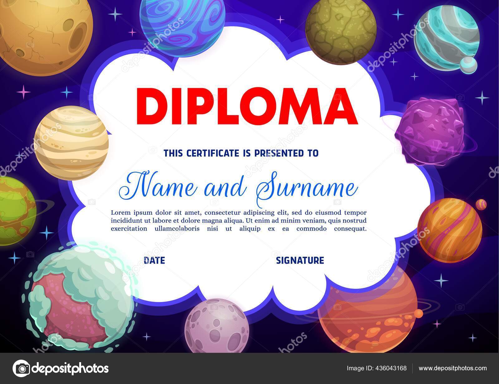 Skolediplom Med Tegneserievektorplaneter Barnehageattest Barnediplom Med  Utenomjordiske Planeter Verdensrommet Med stockvektor © VectorTradition  #436043168, image size:1600x1231
