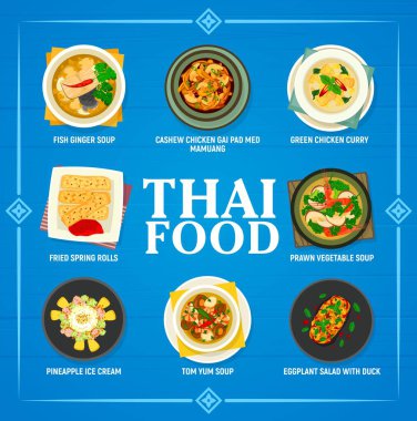 Tayland yemeği vektör menüsü balık zencefilli çorba, yeşil körili tavuk ve karides sebze çorbası ile kızarmış börek. Ananaslı dondurma, Tom yum çorbası ve patlıcan salatası ve ördek Tayland mutfağı yemekleri.