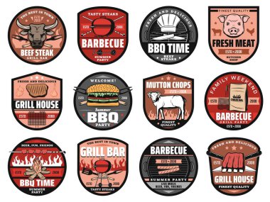Barbekü partisi, ızgara bar ve mangal kömürü alev ikonlarının piknik hamburgerleri. Barbekü çizburger, sosis ve etli biftek, koyun eti ve biftek, barbekü yaz partisi ve ızgara lokantası.