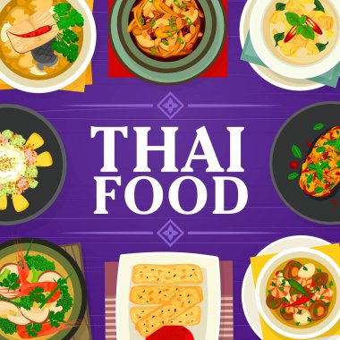 Tayland yemeği vektörü Tom yum çorbası, balık zencefilli çorba ve kaju tavuğu gai pad med mamuang. Karides sebze çorbası, ananaslı dondurma ya da ördekli patlıcan salatası ve yeşil körili tavuk, Tayland yemekleri.