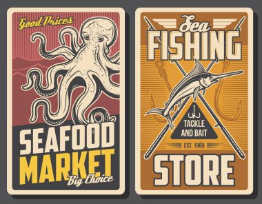 Seafood market and fishing store banner. Big octopus and jumping marlin fish, fishhooks and crossed rods vector. Fresh seafood products, fishing tackle and baits shop retro poster clipart