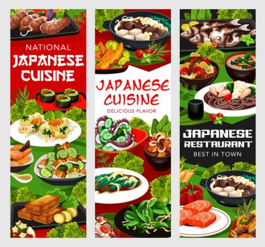 Japon mutfağı vektörü, hamurda yeşil biber, karides ve kriptonun kavrulmuş hali. Burdocu tavuk kanadı, wakame soslu salatalık salatası ya da kızarmış kılıçbalığı kadziki ama karaag, Japon yemek afişleri