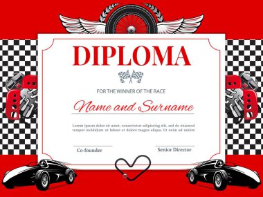 Sertifika, araba yarışları ve hız kazanan diploma, vektör spor motokros rali ödülü. Lastik ya da lastik çerçeveli otomobil yarış sertifikası şablonu, kart ve motor sporu kanatlı tekerlekleri