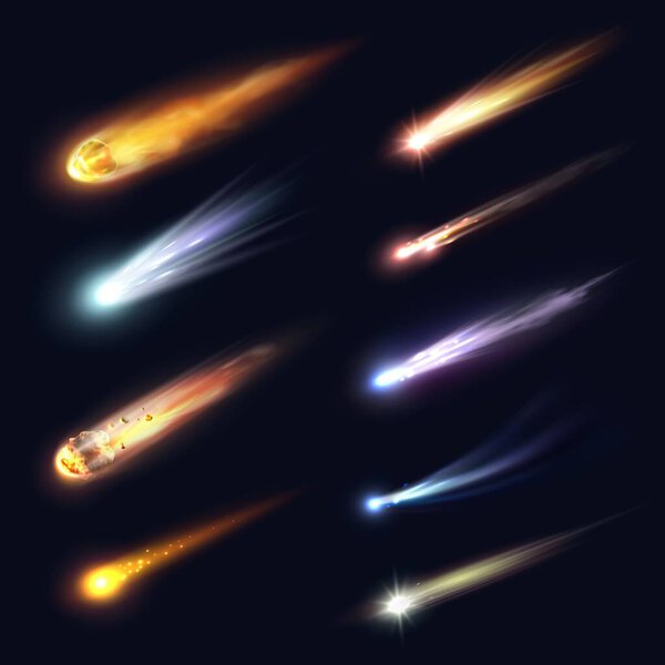 Space meteors, comets and asteroids with fire trails realistic vector design. 3d meteorite fireball and star space objects falling down with glowing gas and dust tails, galaxy and astronomy science