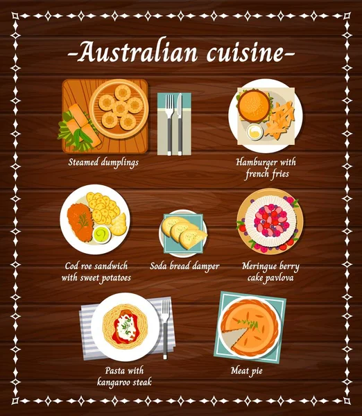 Australische Gerechten Menu Gerechten Australië Restaurant Maaltijden Vector Vlees Gebak — Stockvector