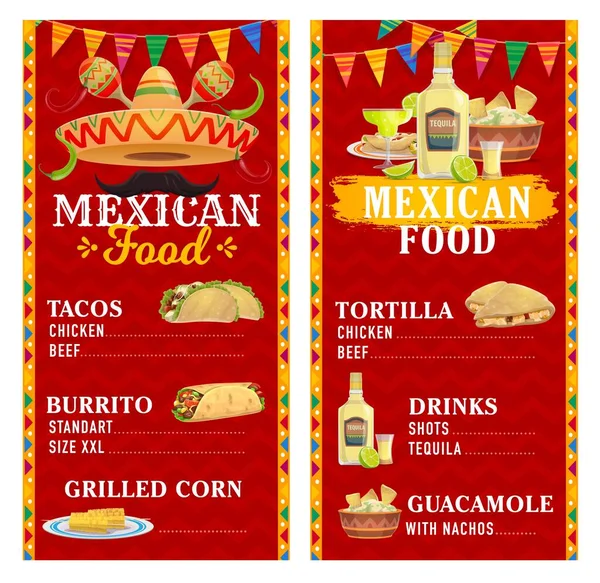 Menu Masakan Meksiko Templat Vektor Dengan Makanan Dan Minuman Topi - Stok Vektor