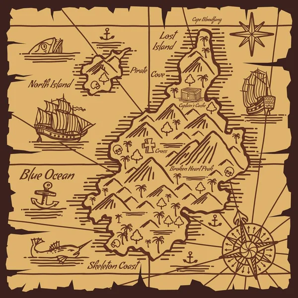 Pirate Treasure Map Old Scroll Vector Sketch — Stock Vector