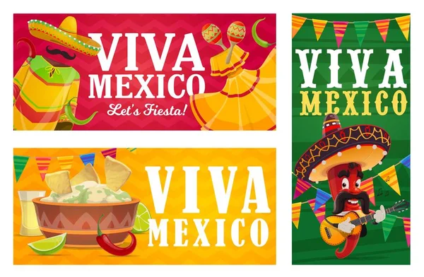 Bannières Vectorielles Viva Mexico Avec Nourriture Fête Fiesta Mexicaine Caractère — Image vectorielle