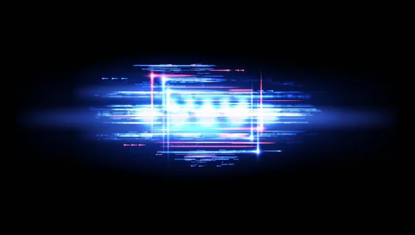 ネオングリッチフレアと青とピンクのライトピクセルモザイクとデジタルノイズベクトルの背景 テレビやコンピュータの画面は 将来の形状やテレビの輝線パターンの信号効果がない — ストックベクタ