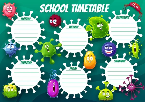 Освіта Школа Розклад Векторний Шаблон Мультиплікаційними Вірусними Клітинами Милими Бактеріями — стоковий вектор