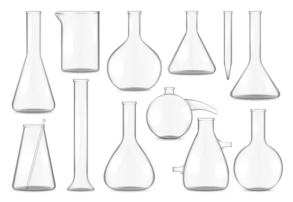 Tubos Ensayo Vidrio Frascos Química Vasos Precipitados Realistas Simulacro Vector — Archivo Imágenes Vectoriales