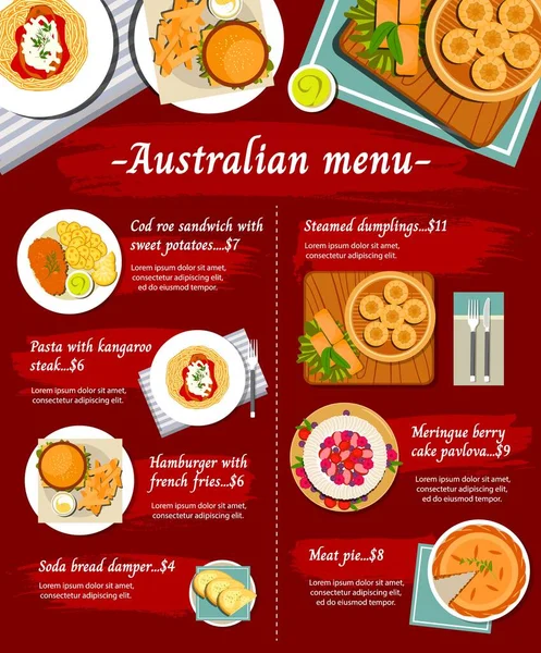 Australian food cuisine, menu dishes and Australia meals, vector restaurant lunch and dinner. Australian traditional food menu hamburger with french fries, meat pie, soda bread damper and dumplings