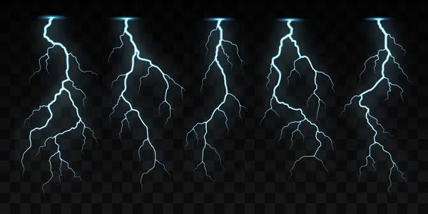 電気や落雷 ベクトルフラッシュ 衝撃の場所 青い色のプラズマや魔法のエネルギー 強力な放電 黒の背景隔離されたセット上の現実的な3D電気雷 — ストックベクタ