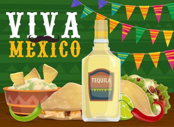 Mexican fiesta party food and drink, vector Viva Mexico design. Taco and nachos with avocado guacamole, chilli or jalapeno peppers and tequila bottle, corn tortilla quesadilla and bunting garland