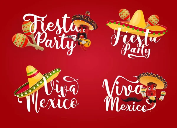 Viva Mexico Och Mexikanska Fiesta Parti Vektor Ikoner Röd Chili — Stock vektor