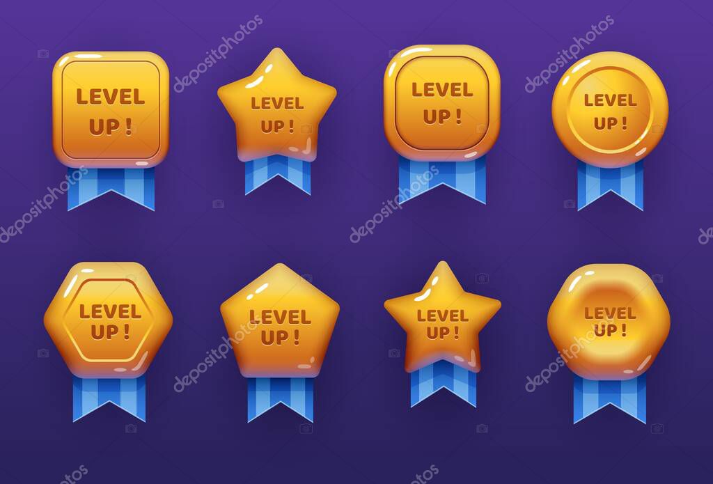Level up ui game icons, casino bonus vector stars, golden labels with blue award ribbon. Medal for achievement, development reward, isolated cartoon trophy labels experience level up growth badges set