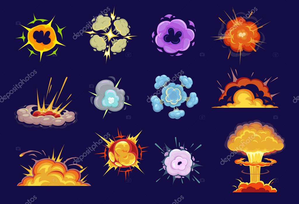 Bomb explosion isolated vector icons. Cartoon dynamite danger explosive detonation and atomic comics clouds. Detonators for mobile game animation, boom effect and smoke elements for game design set