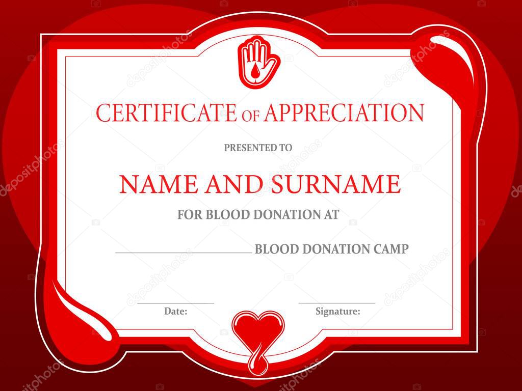 Blood donation charity certificate, donor day heart and helping hand, vector diploma template. Donate blood, save life and healthcare charity campaign, appreciation certificate for blood donation