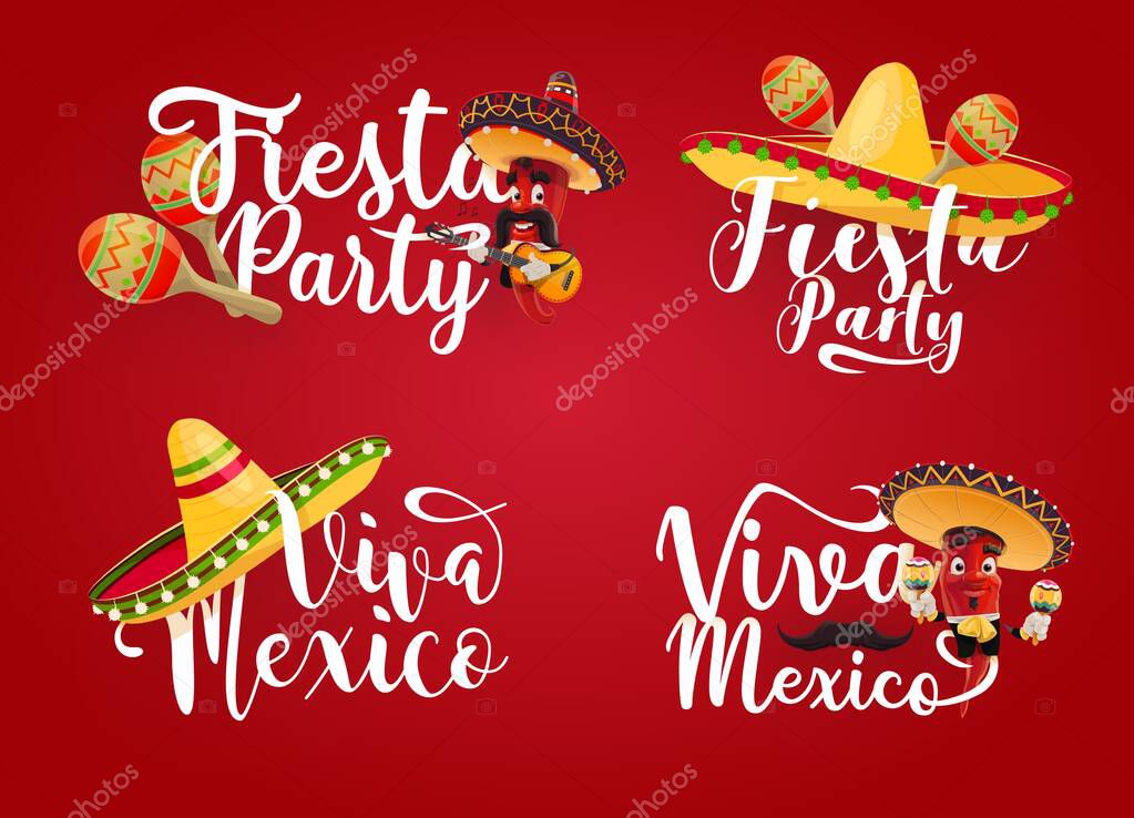 Viva Mexico and Mexican fiesta party vector icons. Red chilli pepper cartoon characters with sombrero hats, maracas and mariachi guitar, moustaches and jalapenos, Mexican holiday greeting card design