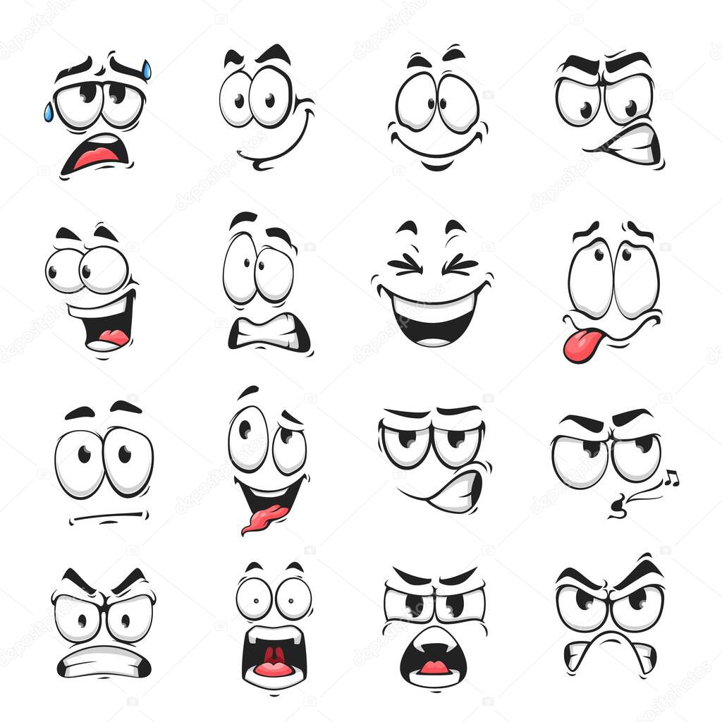 Face expression isolated vector icons, funny cartoon emoji sweating, whistle and yelling, angry, happy or laughing or sad. Facial feelings, emoticons grit teeth, show tongue. Cute face expressions set