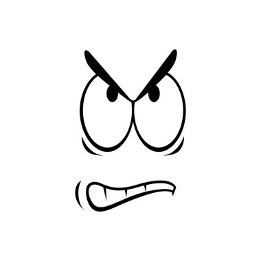 Öfkeli ifade, huysuz ve sinirli gülümsemeyi izole eder. Vektör huysuz emoji ifadesi, satır sanatı