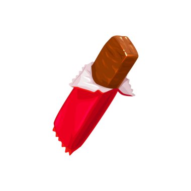 Çikolata, paket şekerlemesi, vektör izole ikon. Çikolatalı çikolata, kakaolu yiyecek şekerlemesi ve kırmızı ambalajlı tatlı.