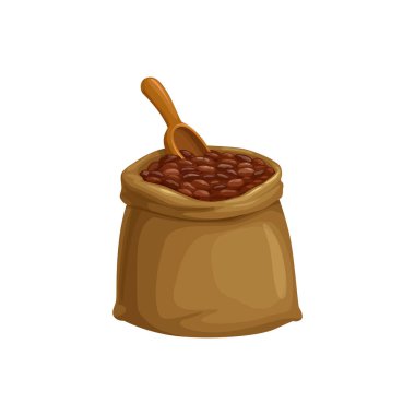 Kakao çekirdeği çuvalı veya kahve çekirdeği torbası, vektör izole edilmiş tohum ikonu ve kepçe kaşığı. Torbada kakao fasulyesi, çikolatalı tatlı, koka içeceği ve gurme hamur işi malzemesi.